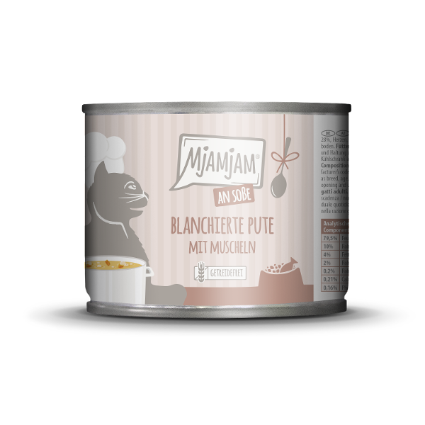 Mjamjam Saus Feest Blikje Kat 185g Geblancheerde kalkoen met mosselen in saus Mjamjam Saus Feest Blikje Kat 185g Geblancheerde kalkoen met mosselen in saus