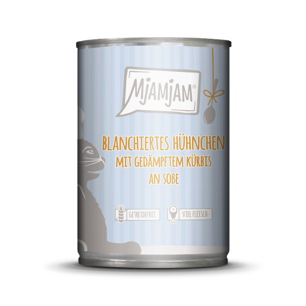 Mjamjam Saus Feest Kat 380g -Geblancheerde kip met gestoomde pompoen en jus Mjamjam Saus Feest Kat 380g -Geblancheerde kip met gestoomde pompoen en jus