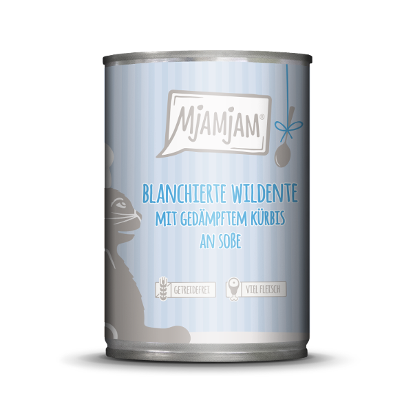 Mjamjam Saus Feest Kat 380g -Geblancheerde wilde eend met gestoomde pompoen en saus