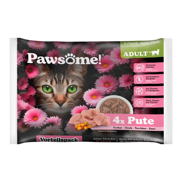 Pawsome Adult natvoer kat 85g 4 x kalkoen multipack Pawsome Adult natvoer kat 85g 4 x kalkoen multipack