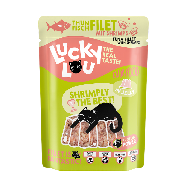 Lucky Lou Extrafood zakje 70g tonijn & garnalen in gelei Lucky Lou Extrafood zakje 70g tonijn & garnalen in gelei