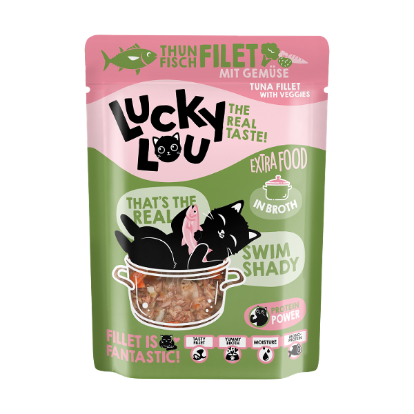 Lucky Lou Extrafood zakje 70g tonijn met groenten in bouillon Lucky Lou Extrafood zakje 70g tonijn met groenten in bouillon
