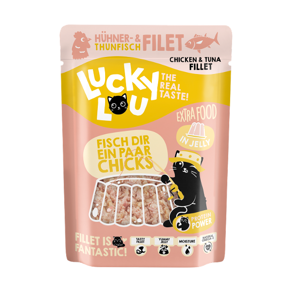 Lucky Lou Extrafood zakje 70g tonijn & kipfilet in gelei Lucky Lou Extrafood zakje 70g tonijn & kipfilet in gelei