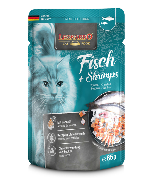 Leonardo Katten Natvoer Zakje 85g vis + garnalen Leonardo Katten Natvoer Zakje 85g vis + garnalen