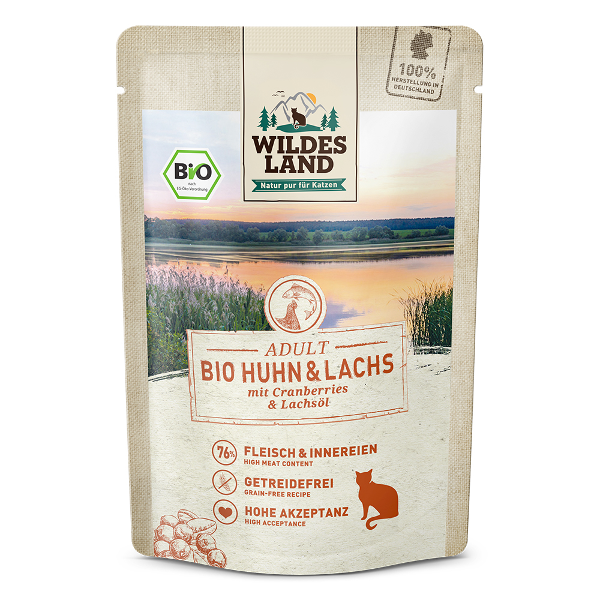 Wildes Land Bio Kattenzakjes 85g kip en zalm Wildes Land Bio Kattenzakjes 85g kip en zalm