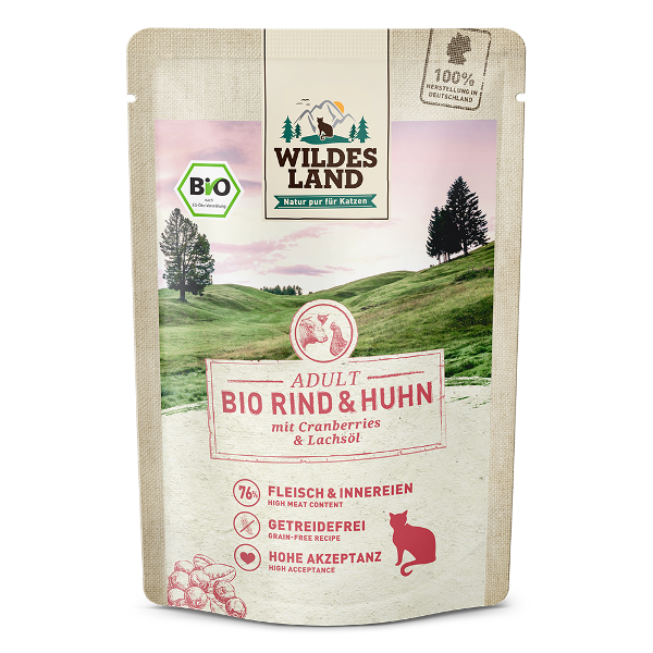 Wildes Land Bio Kattenzakjes 85g rund en kip Wildes Land Bio Kattenzakjes 85g rund en kip