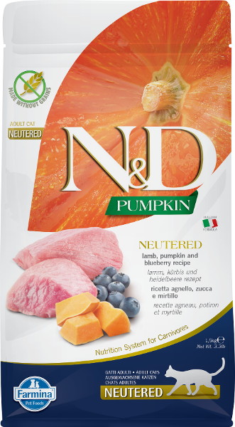 Farmina N&D Pumpkin Neutered Cat 1.5kg lam, pompoen & bosbessen Farmina N&D Pumpkin Neutered Cat 1.5kg lam, pompoen & bosbessen