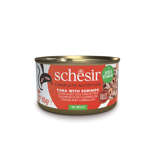 Schesir Complete Nutrition blikvoer kat 85g tonijn & garnalen in jelly Schesir Complete Nutrition blikvoer kat 85g tonijn & garnalen in jelly
